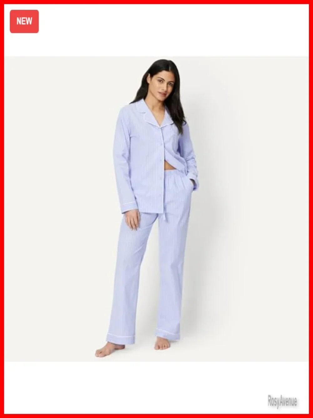 Cotton Stretch Poplin Pajama Set, Long Sleeve Button-Down Shirt with Pants